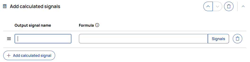 Add calculated signals with an output signal name, formula, and Signals button