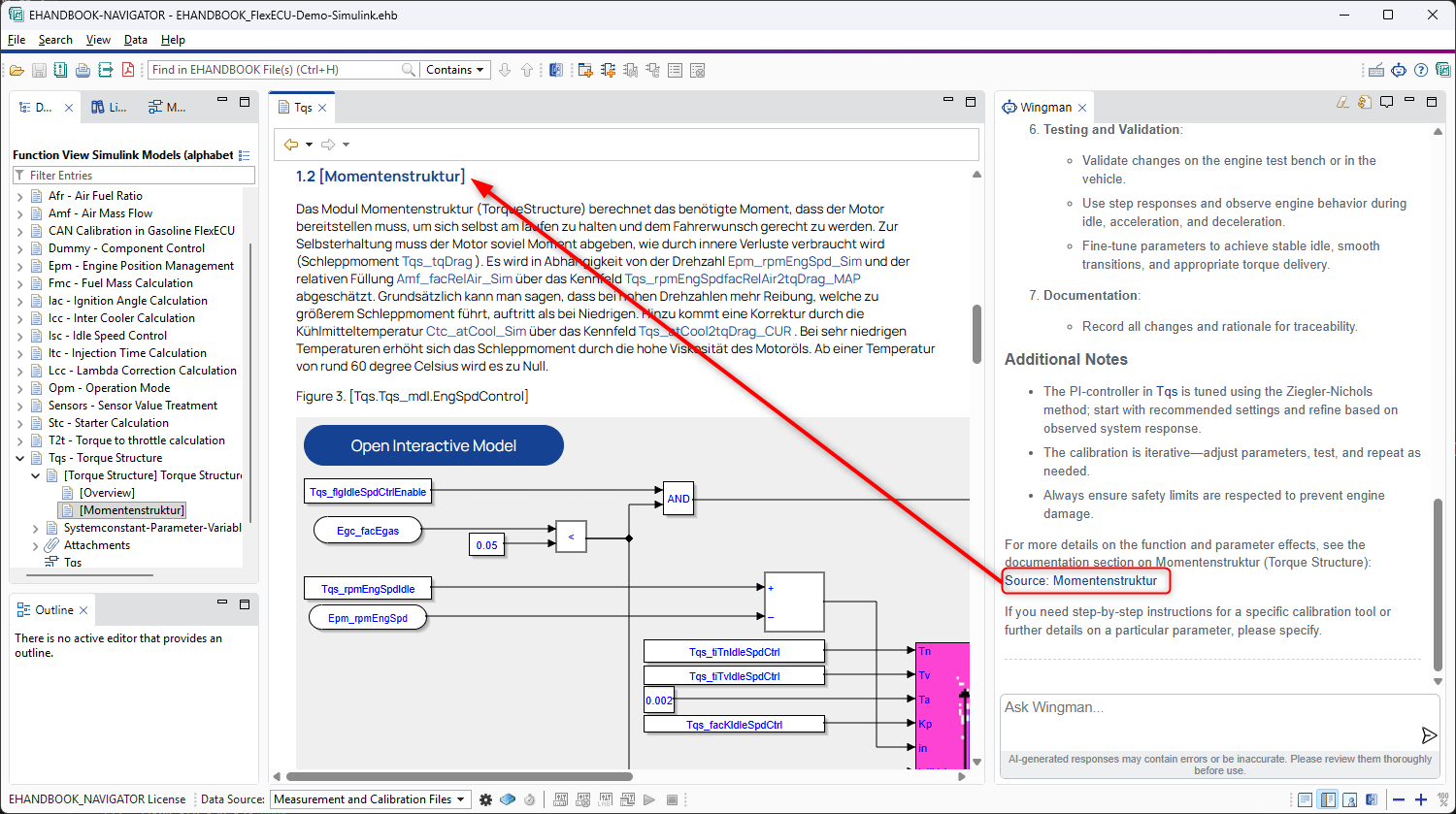 Example of links to container sections in Wingman chat