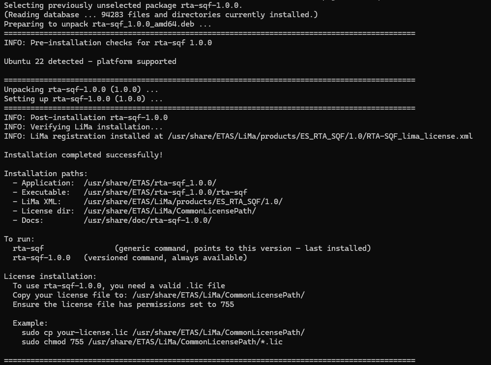 Terminal showing successful RTA-SQF package installation output