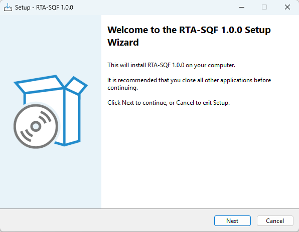 RTA-SQF Windows installer welcome screen